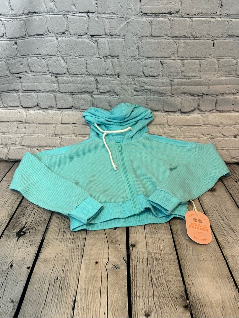 Remi & Friends Waffle Knit Slightly Cropped Blue Jacket